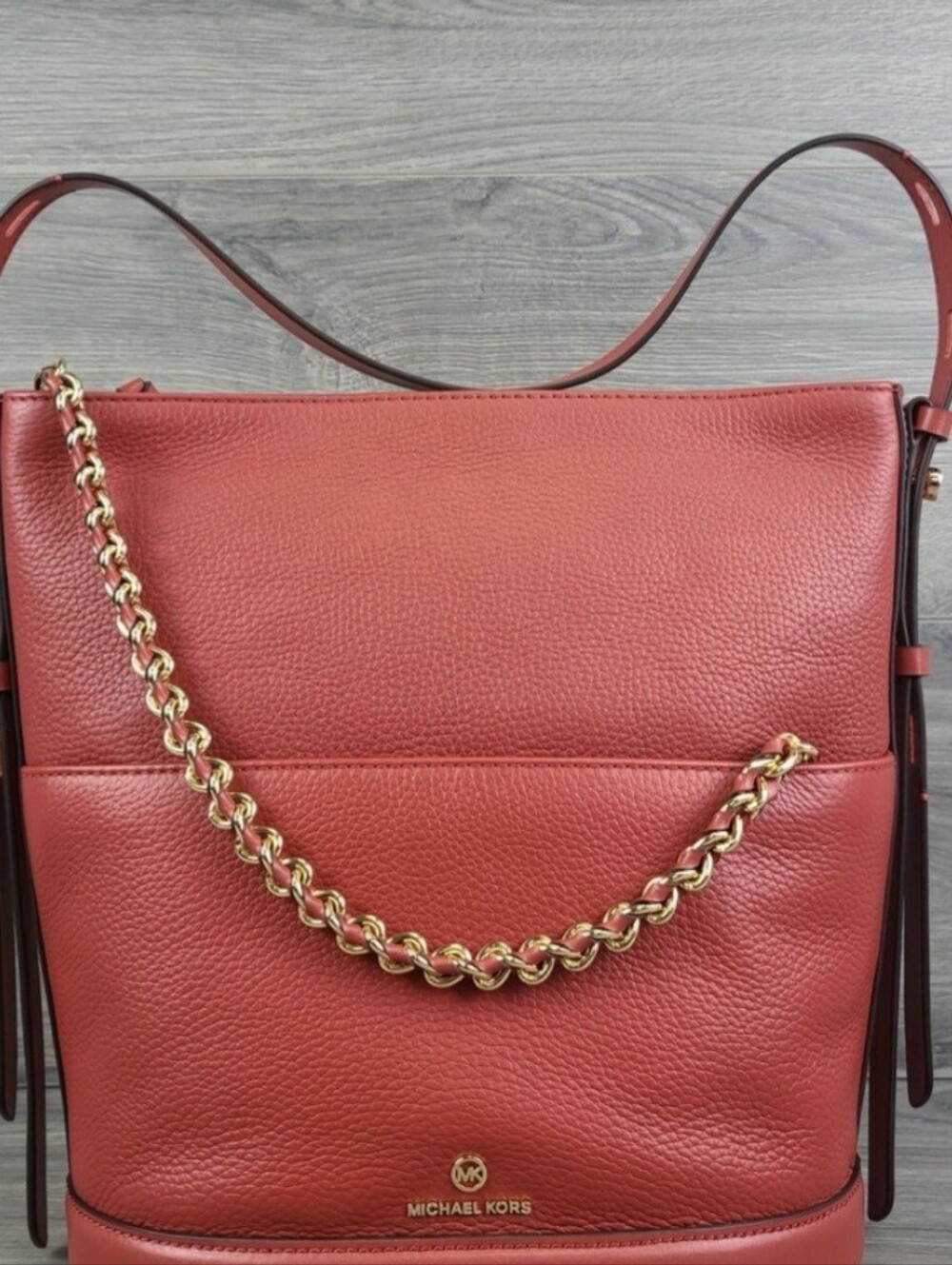Michael Kors Burnt Red Leather Shoulder Bag with Gold Chain Accent, Also Wallet